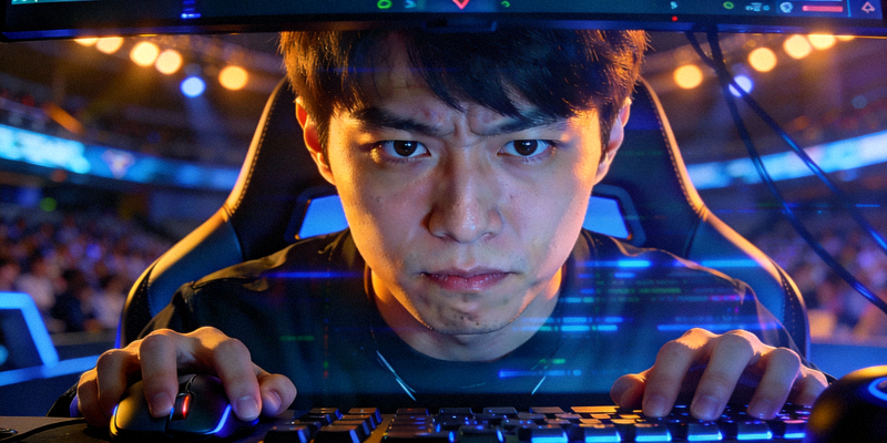 《英雄联盟》职业选手Faker在比赛中凝神思考的特写镜头